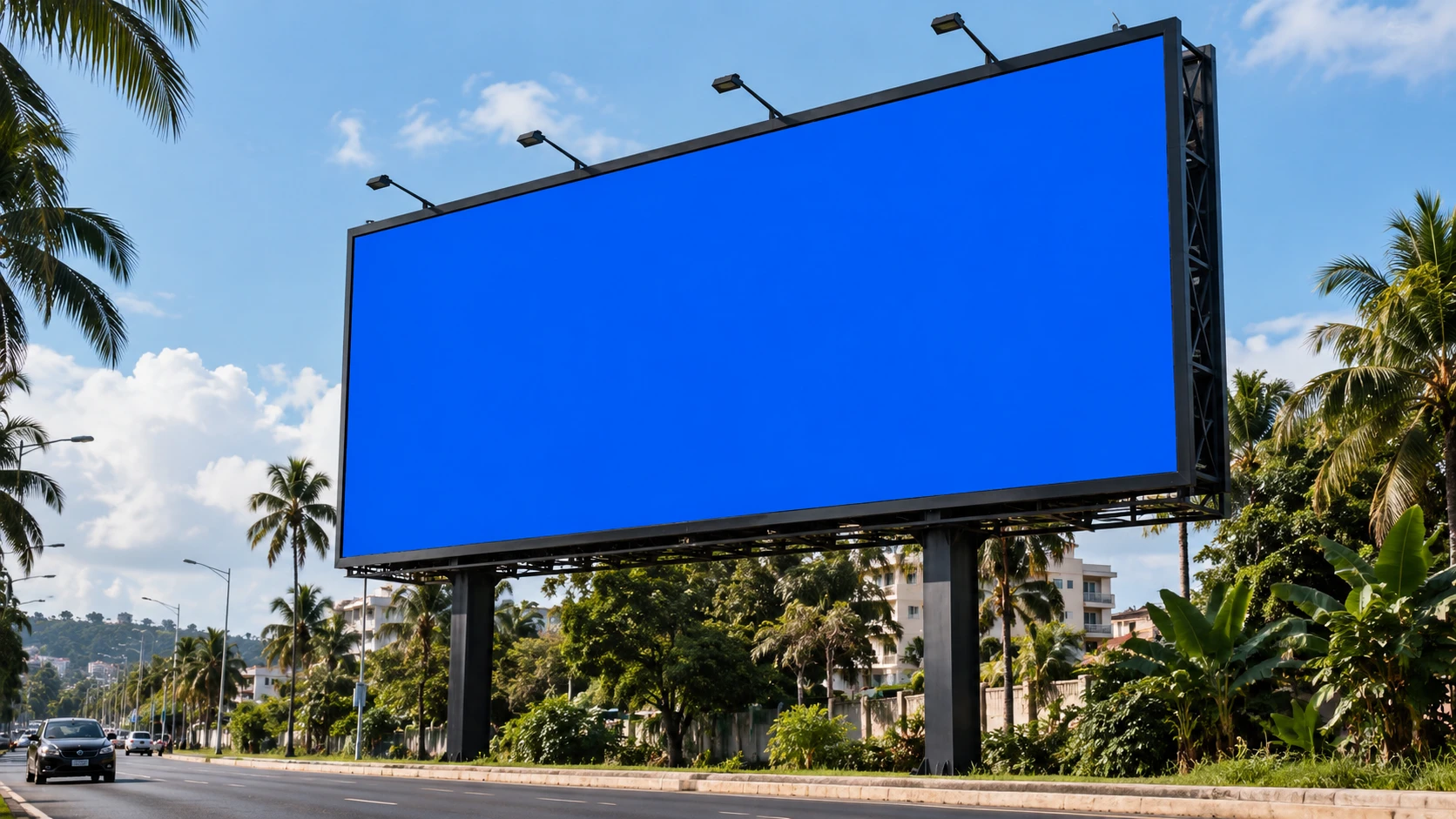 Imagem ilustrativa de painel de mídia exterior em avenida arborizada